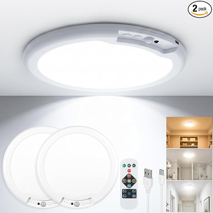 Rechargeable Ceiling Light 2 Pack, Magnetic Motion Sensor Ceiling Lights With 3 Color Remote, Wireless Battery Operated Dimmable Led Ceiling Lights for Closet Shower Stairs Hallway Shed Pantry Laundry