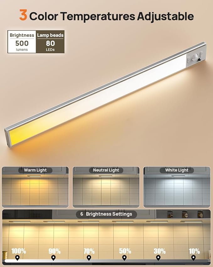 16inch Under Cabinet Lights, LED Motion Sensor Light Indoor, 4000mAh Rechargeable Closet Light with Remote, 3 Color Temps Magnetic Wireless Under Counter Lights for Kitchen, Stair, Pantry, 2 Pack