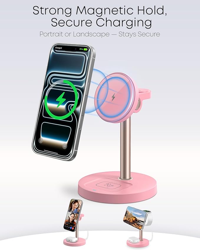 3 in 1 Magnetic Wireless Charging Station, 15W Fast Charger Stand for iPhone, Phone Charger Stand for Desk Nightstand, for iPhone 17/16/15/14/13/12, Apple Watch & AirPods, Adapter Not Included -Pink