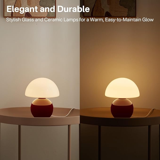 Dawnwake Mushroom Lamp Table Lamp for Bedroom,Desk Bedside Small Lamps for Living Room Night Stands,Mushroom Decor Cute Mini Modern Mid Century Lamps,Unique Aesthetic Home Living Room Decor(Wine Red)