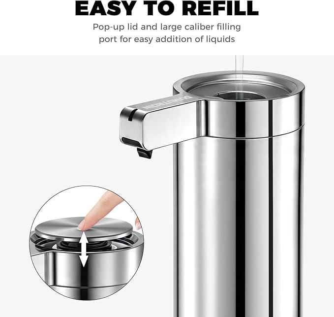 Touchless Automatic Soap Dispenser Wall Mount Stainless Steel with Sensor Infrared 9 oz Electric IPX5 Waterproof USB-C Charging Motion Sensor for Kitchen & Bathroom (Chrome Silvery)