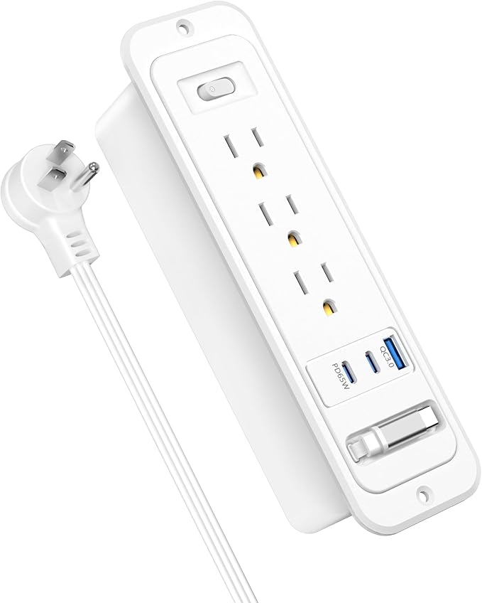 Recessed Power Strip with Retractable USB C Cable,2 PD 65W USB C Fast Charging,Flush Mount Countertop Drawer Outlet, Furniture Hidden Outlet for Side Table,End Table,3 Outlets (White, 6FT-65W)