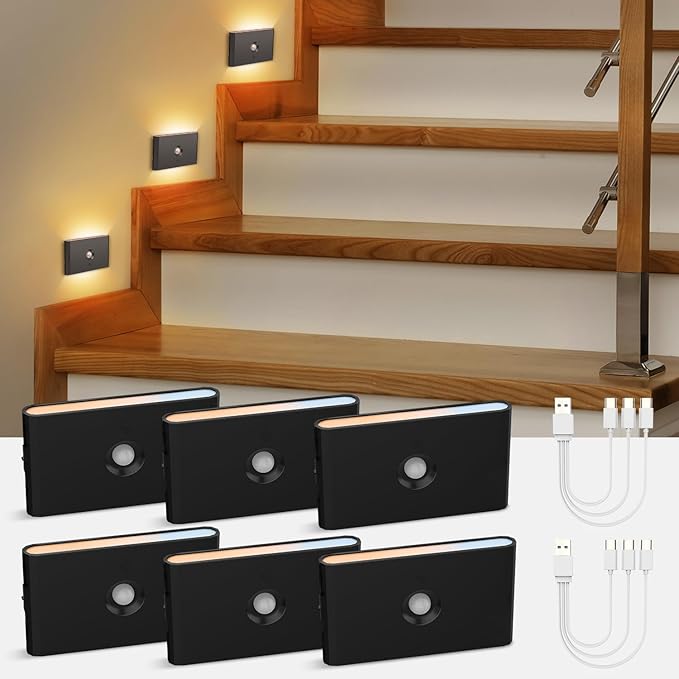 wowatt 3CCT Rechargeable Stair Lights Indoor, Black Stairway Lights Indoor with Magnetic Mount, Dimmable Stair Lights Motion Sensor for Stairway, Hallway, Kitchen, Bathroom(6 Packs)