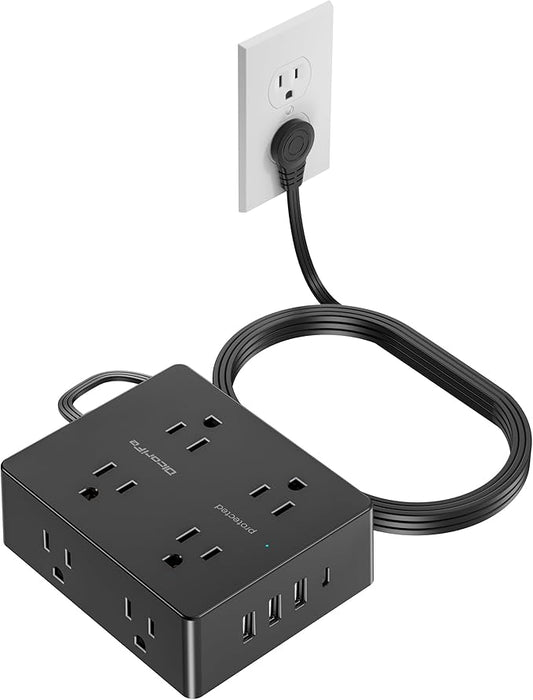 Olcorife Flat Plug Power Strip with 15 FT Extension Cord, 8 Outlets 4 USB Ports(1 USB C), 3 Sided Outlet Extender for Home Office Travel Dorm Room Essentials, Black
