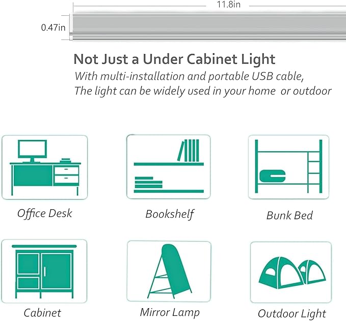 Led Under Cabinet Light, 12 Inch Led Light Bar, Warm White 3000K, Plug in Undercabinet Led Lighting, Lightweight USB Light Strip, Under Counter Lights for Kitchen/Room/Shelf/Desk/Showcase-UNO-UT
