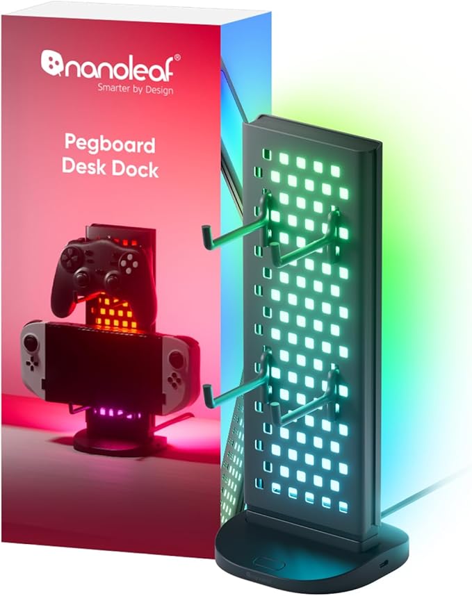 Nanoleaf Pegboard Desk Dock, 3-in-1 Desk Hub with Dual-Sided LED Lighting, USB-A & USB-C Charging, 950mm Pegboard Storage, 50 Lumens, 64 RGB LEDs, Works with Nanoleaf Desktop App, Black