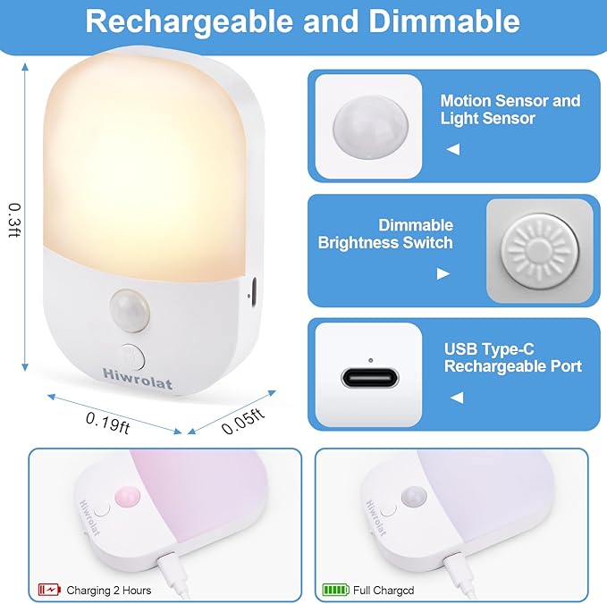 Motion Sensor Night Light, LED Dimmable Warm White Type-C Rechargeable Battery, for Hallway, Bathroom, Stair, Wardrobe, Bedroom, Auto On/Off, 2 Pack