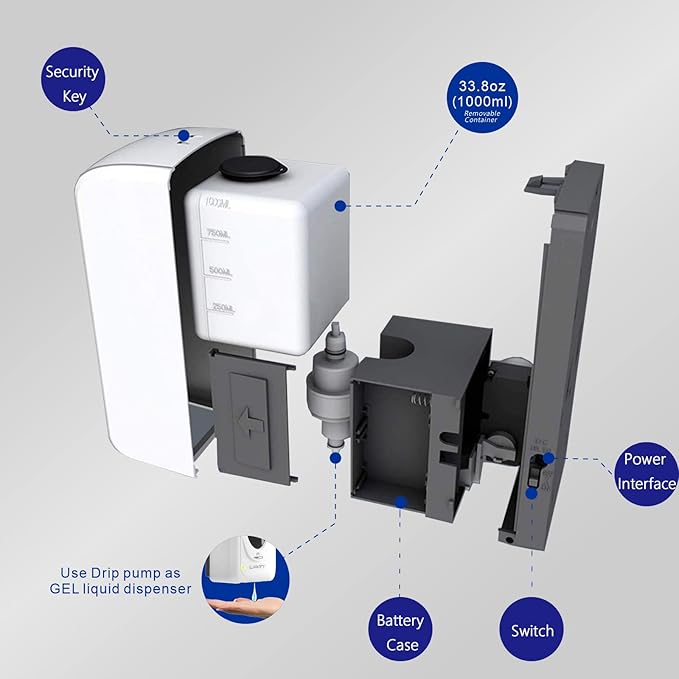 LATT Automatic Liquid Hand Sanitizer Dispenser Wall Mounted, Commercial Touchless Soap Dispenser, Refillable Sensor Hands-Free Dispenser for Hospital Hotel School Restaurant, 33oz/1000ml
