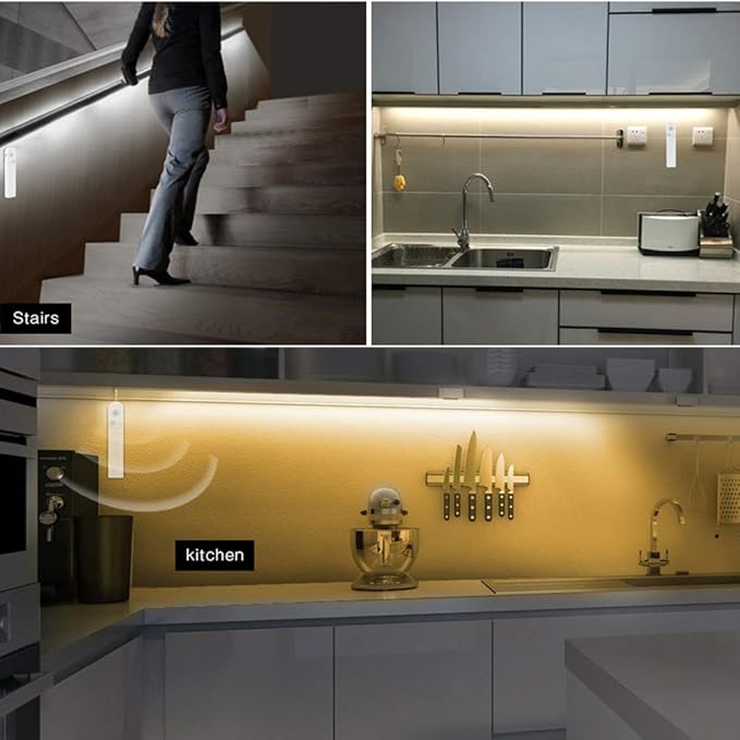 Under Cabinet Lights, 3M/10FT LED Bed Stairs Wardrobe Strip Lights Motion Sensor, 5V USB & Battery Powered Closet Night Tape Lights Four Modes, Waterproof - Warm White, 3M x 2 Pack