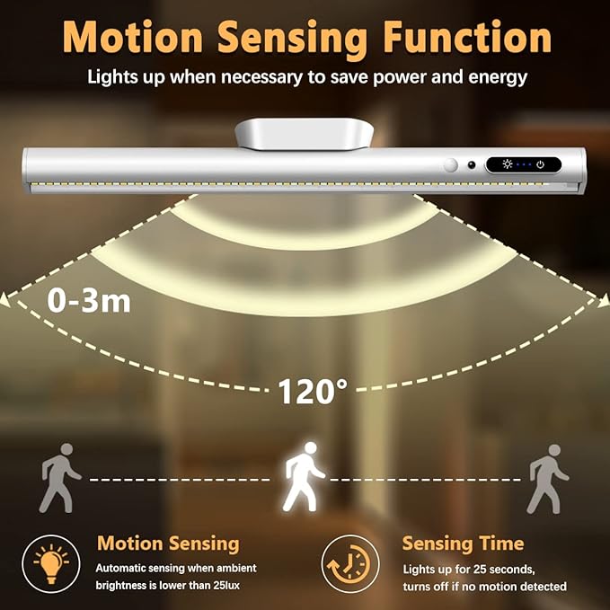 Hapfish Motion Sensor LED Light Bar Indoor, Rechargeable Under Cabinet Lighting Wireless, Magnetic Battery Powered Operated Wall Strip Lights with Remote Control for Picture Shelf Closet – Silver