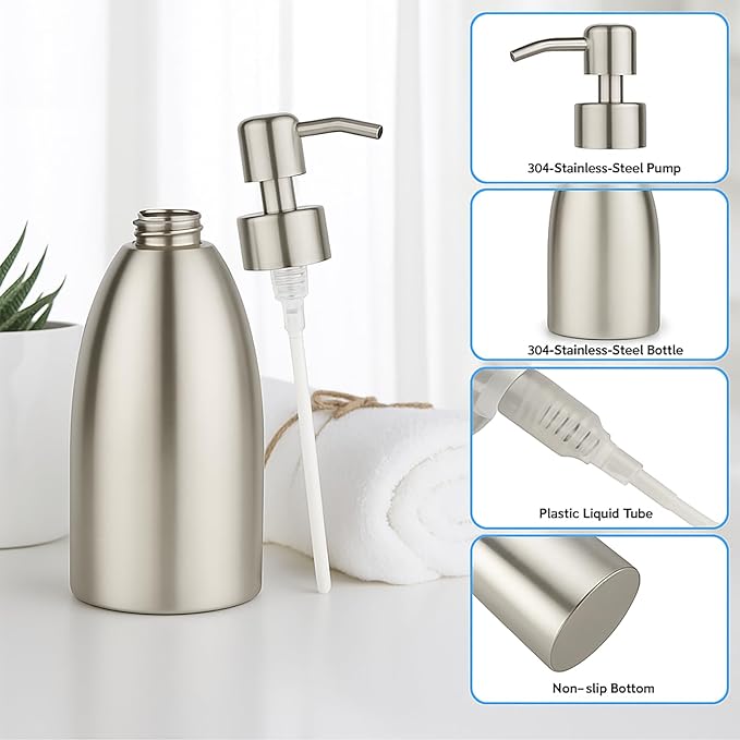 304 Stainless Steel Soap Dispenser 16oz Rust-Proof Liquid Soap Pump Bottle for Kitchen or Bathroom Countertop Hand Dish Lotion Leak-proof (Brushed Nickel)