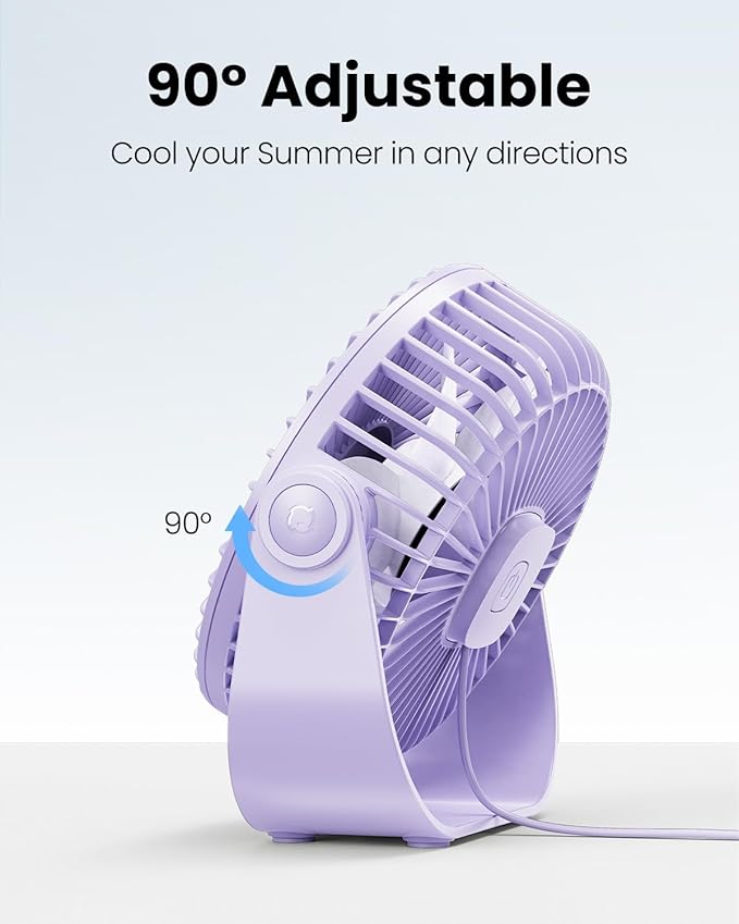 Gaiatop USB Desk Fan, 3 Speeds Strong Airflow, 5.5 Inch Portable 90° Rotate Quiet Cooling, Small Personal Table Fans for Bedroom Home Office Travel Purple