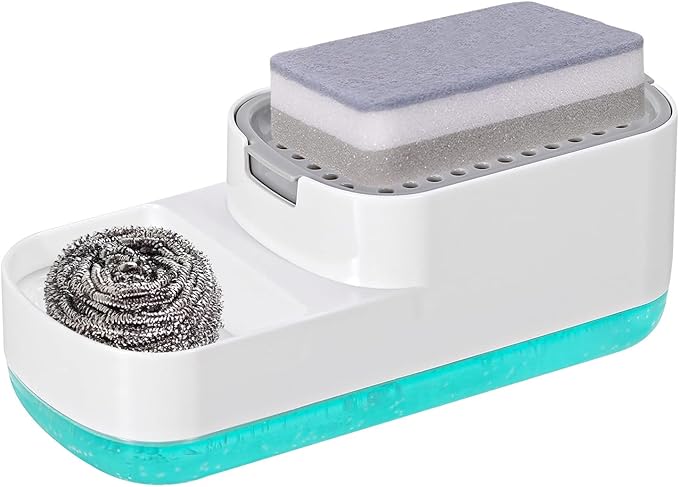 Dish Soap Dispenser for Kitchen Sink with Sponge Holder 3 in 1 Easy Refill Dish Soap Dispenser with Sponge Holder 20 Ounces Sponge Soap Dispenser- White