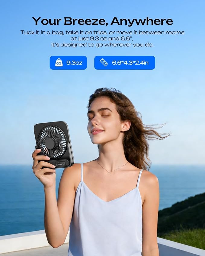 Otlonpe Portable Desk Fan 6.5 Inch, 4000mAh Rechargeable Battery Operated & USB Powered, 23Hrs Cordless Small Personal Fan 4-Speed Quiet for Office Travel Home Sleeping, Led Display, Foldable (Black)