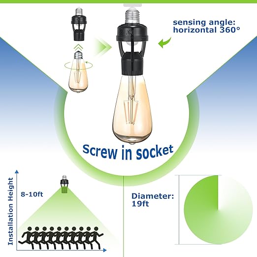 Hortsun 3 Pcs Motion Sensor Light Socket Smart Screw in Light Bulb Outlet Compatible with E26/e27 Motion Activated Bulb Holder Adapter Automatic Control for Porch Garage Storage Room (Black)