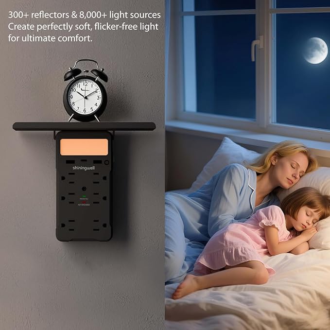 Wall Outlet Extender with Shelf and Night Light, Surge Protector with 3 USB Ports (2A+1C) and 6 AC Outlets, Multi Plug Power Strip Electric Outlet Splitter for Home and Office Use, Black