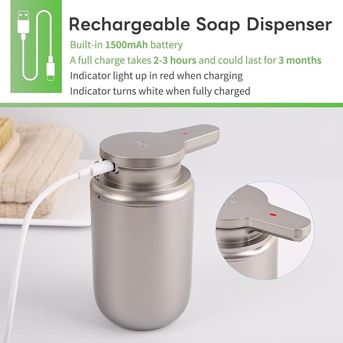 LAOPAO Automatic Foaming Soap Dispenser Plastic, Rechargeable Touchless Foam Hand Soap Dispenser for Bathroom, ABS Soap Pump for Kitchen, Water-Resistant, Xmas Gift 10oz, Plastic (NOT Metal)
