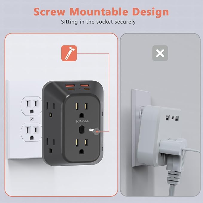 USB Wall Charger Electrical Outlet Extender, Surge Protector, 6 Outlet Splitter with 4 USB Outlet (2USB A, 2USB C) 4-Sided 1050J Power Strip Multi Plug Adapter for Home Office Travel