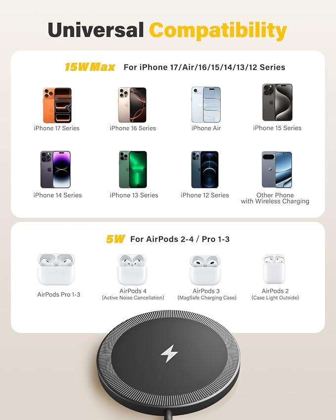 10FT Magnetic Wireless Charger Charging Pad - 15W Qi Fast Phone Charger Puck for Apple iPhone 17 16 15 14 13 12 Series & AirPods 4 3 2 Pro, Phone Charging Pad with Plug for Desk & Travel, 2Pack Black