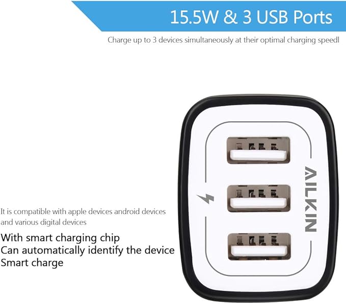 Wall Charger Plug, AILKIN USB Plug Wall, 3MultiPort Home Charger Station Cube Box Charger Outlet Base Brick Block Replacement for iPhone, iPad, and iWatch Charger Plug (Black)