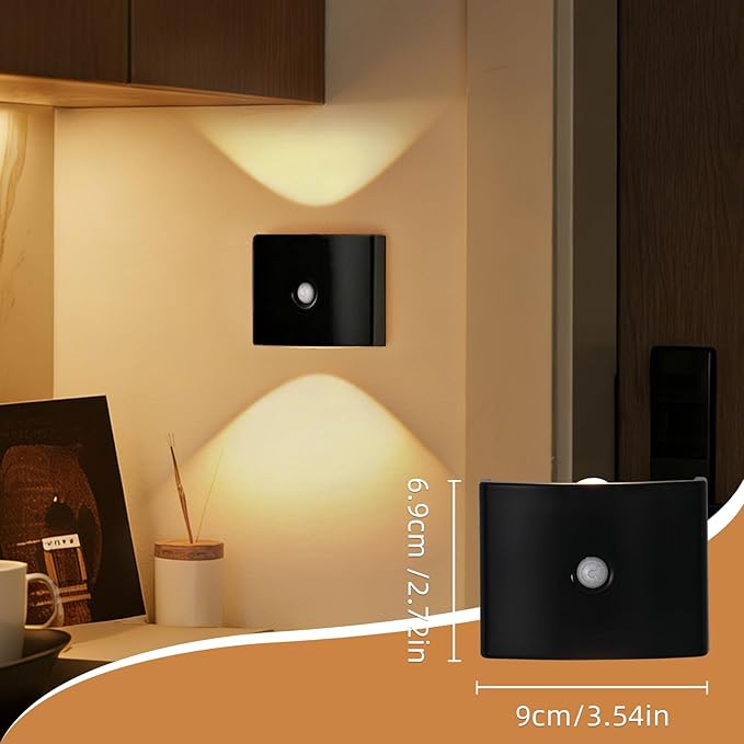 2 Pack Motion Sensor Wall Light, Rechargeable Wall Sconce with 3 Color Temperatures and Brightness Adjustable, Wireless Magnetic Mount for Bedroom, Stair, Hallway, Closet (2, Black)