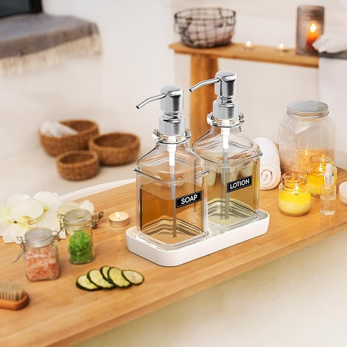 LMQML Soap Dispenser - 2 Pack, Antique Design Thick Glass Hand Soap Dispensers with Sturdy Tray; 304 Rust Proof Stainless Steel Silver Pump, 12Pcs Stickers, for Kitchen, Bathroom