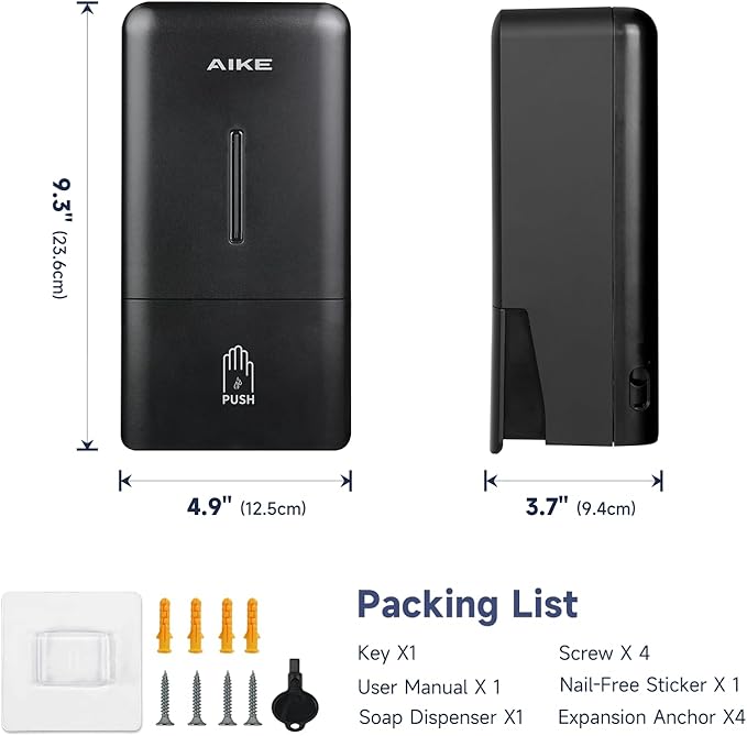 AIKE Wall Mount Liquid Soap Dispenser for Commercial Bathroom 27oz Large Capacity Manual Push Pump Black