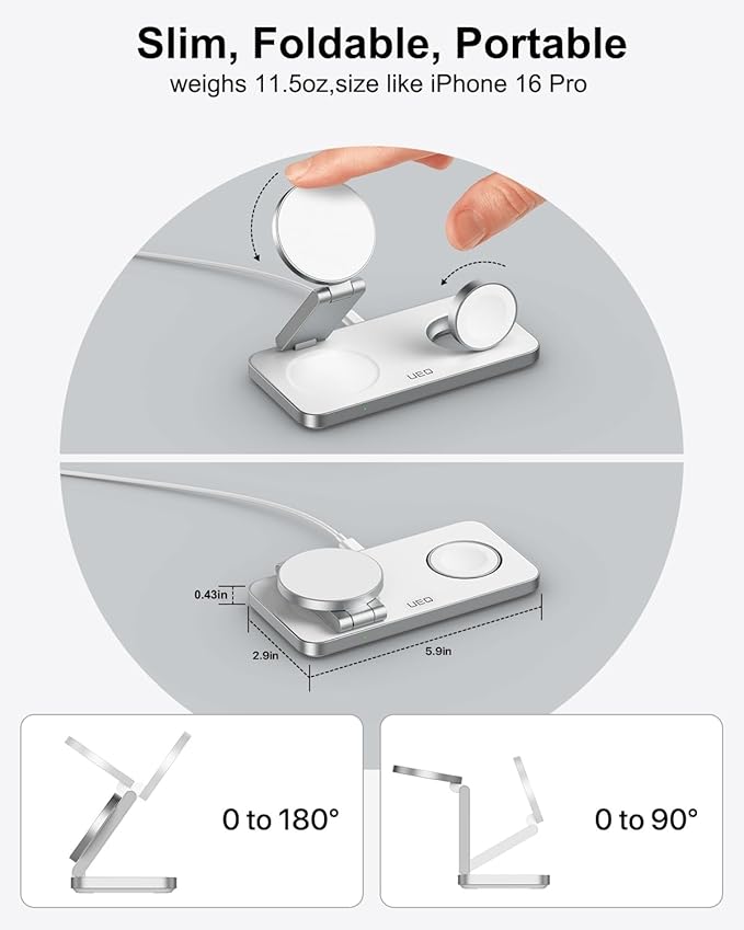 UEQ Foldable 3 in 1 Wireless Charging Station for Apple Compatible with Magsafe Charger Stand,Magnetic Wireless Charger Station for iPhone 17 Air 16 15 14 13 12 Series,Airpods Pro,Apple Watch (White)