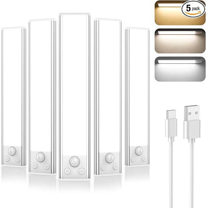 5-Pack Under Cabinet Lighting, 1800mAH Rechargeable Battery Operated Motion Sensor Lights Indoor with 3 Color Temperature, Dimmable Wireless Magnetic Under Counter Closet Lights for Kitchen, Stairs
