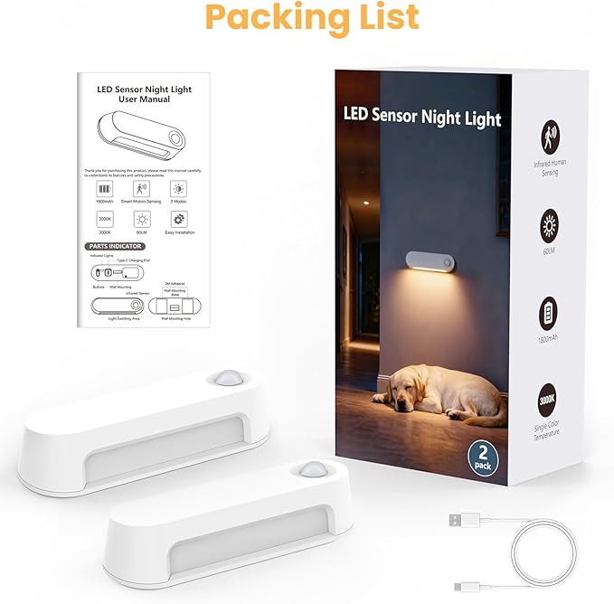 Motion Sensor Night Light, 1800mAh Rechargeable Battery Operated Step Lights, 3000K Warm White Wireless Under Cabinet Lighting for Stairs, Hallway, Closet, Bedroom, Kitchen (2 Pack)