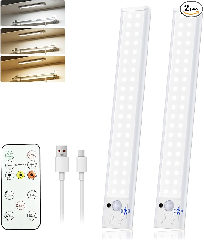 Under Cabinet Lighting,80-LED Rechargeable Motion Sensor Light Indoor, 12 Inch Closet Lights Wireless, Dimmable & 3 Color Temps Stick on Under Counter Lights for Kitchen Closet Stair Bedroom