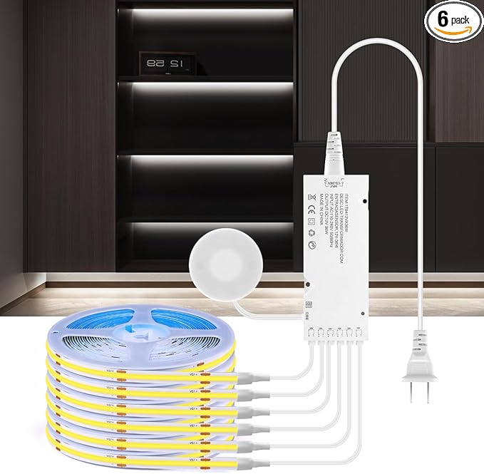 AIMENGTE Cabinet Light 12V COB LED Strip Lights, 6-in-1 Penetrable Touch Dimming, Suitable for Wine Cabinets, Shoe Racks, Display Cabinets, Wardrobes, Kitchen Cabinets, and Showcase Lighting