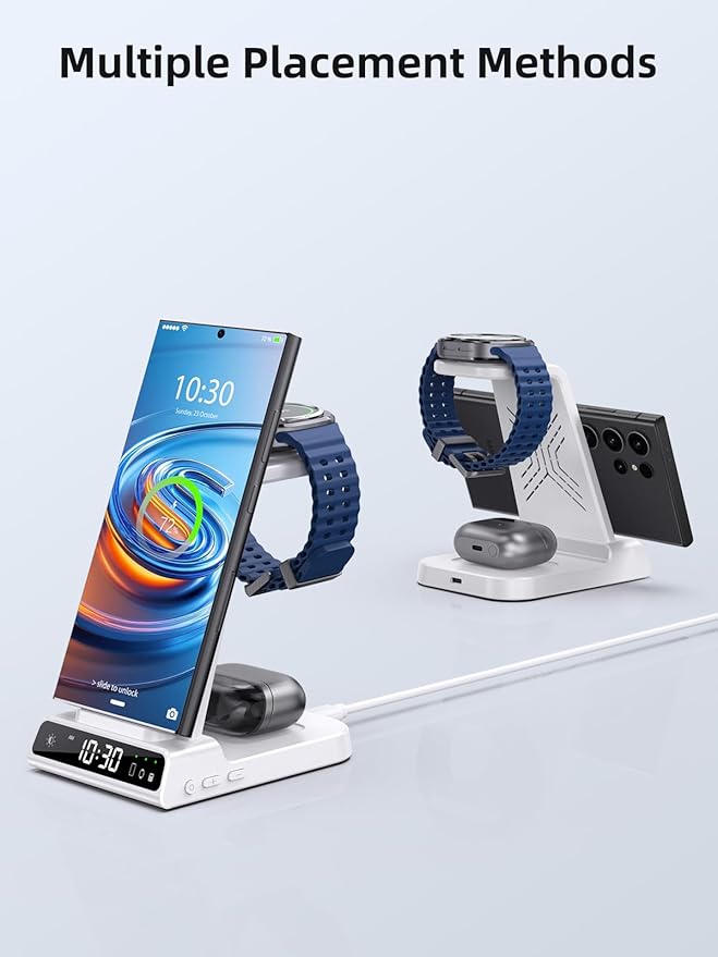 Wireless Charger for Samsung Charging Station: 3 in 1 Android Charging Stand with Dimmable Clock - Nightstand Organizer for Galaxy S25 Ultra, Galaxy Watch 8 7 6 5 4, Galaxy Buds (Not for iWatch)