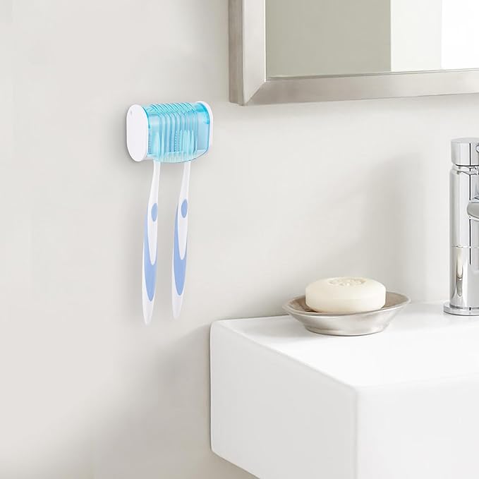 1 Pack Toothbrush Holder Wall Mounted with Cover for Bathroom, 2 Slots Toothbrush Storage Organizer for Shower, Self Adhesive Toothbrush Hanger (Blue)