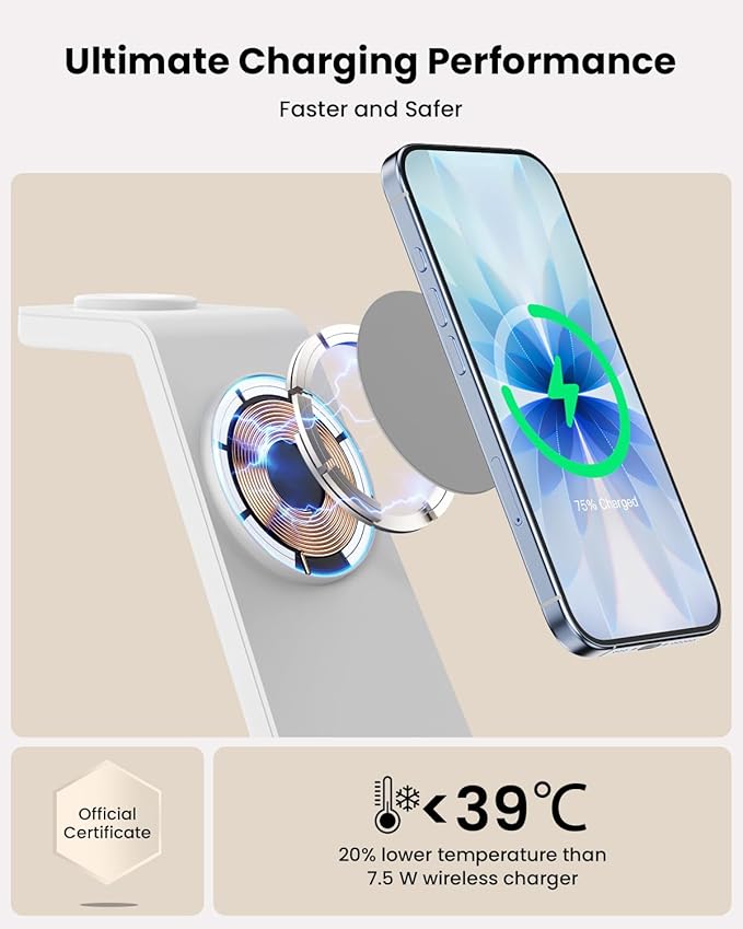 Magsafe Wireless Charging Station for iPhone: Certified 15W Fast Charging Station, 3 in 1 Magnetic Charger Stand for iPhone 17/16/15/14/13/12 Series, Apple Watch, AirPods 4/3/Pro