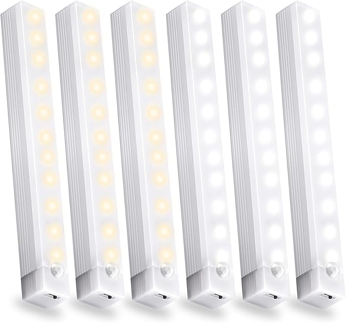 6 Pack Motion Sensor Under Cabinet Light, Magnetic Rechargeable 2 Color Under Counter Light, 8 Inch LED Closet Light for Stair Bedroom Cupboard