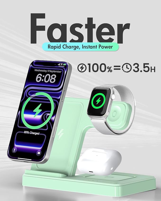 Wireless Charger Stand Charging Station: 3 in 1 Charger Multiple Devices for Apple iPhone 17 16e 16 15 14 Pro Max 13 12 11 for Watch 11 10 9 8 7 6 5 4 3 2 SE and Ultra & Airpods Series, Light Green