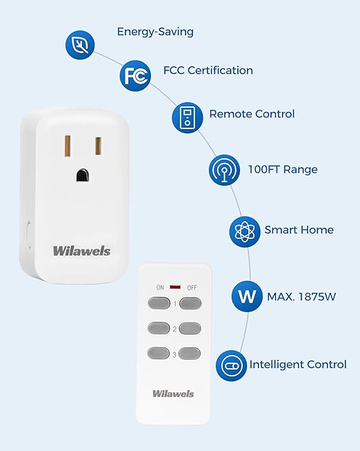 Remote Control Outlet, WILAWELS Wireless Remote Light Switch, Expandable Electrical Outlet Switch for Lamp, Light, Fan, Appliance, 100ft RF Range, FCC Listed, 1 Remote + 3 Outlets W02RC1306