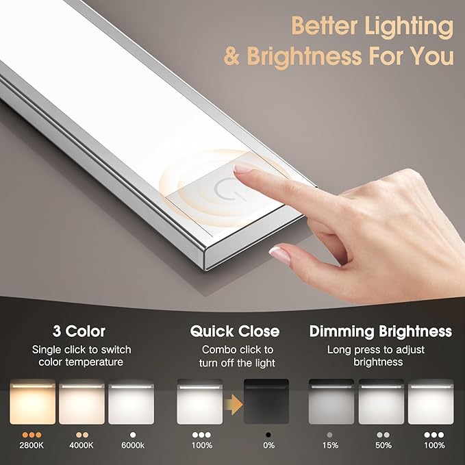 VST Under Cabinet Lighting Rechargeable,1800mAh Motion Sensor LED Closet Lights,3 Color Temperature Dimmable Magnetic Wireless Night Light for Kitchen,Wardrobe,Hallway,Stairs