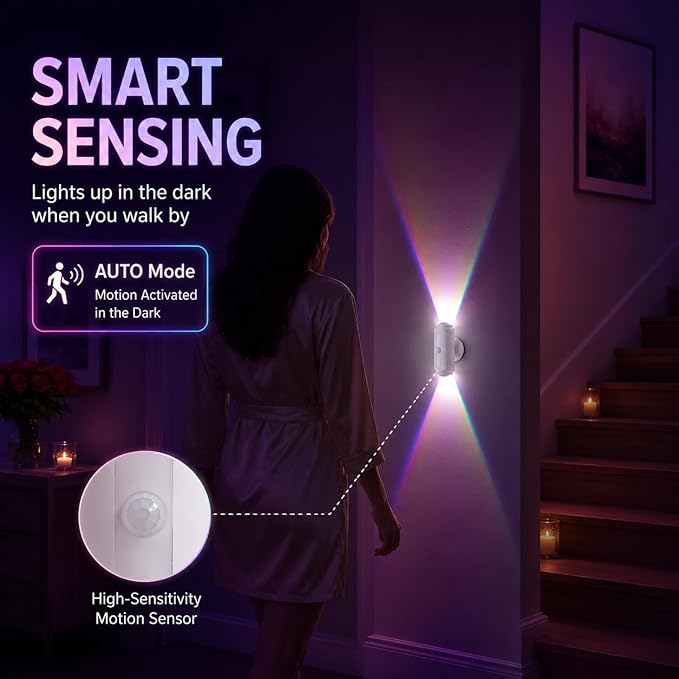 Motion Sensor Wall Light, Rechargeable Peel and Stick on Sconce Set of 2, Wireless No Drill RGB Wall Lamps, Magnetic Battery Operated Indoor Lighting for Hallway, Stairs, Bedroom, Bathroom, Bar Decor
