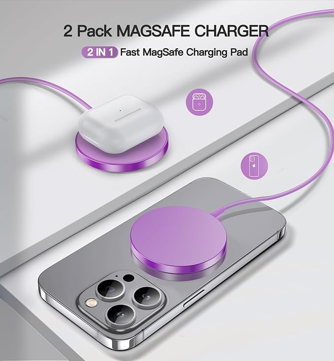 Magnetic Wireless Charger 15W Fast Mag Safe Charger for Cell Phone 16 Pro Max/16 Pro/16 Plus/16/15/14/13/12 Series 2 Pack Charging Pad for AirPods 3/2/Pro 2/Pro Mag-Safe Original Replacement(Purple)