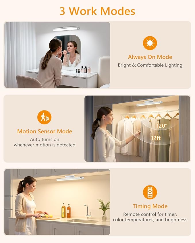 WILLED 3W Motion Sensor Rechargeable Light Bar with Remote, Eye-Care Under Cabinet Lights with Battery Level Display, Vanity Lights for Mirror, Led Light Bar for Cabinet, Closet, Desk and Bathroom