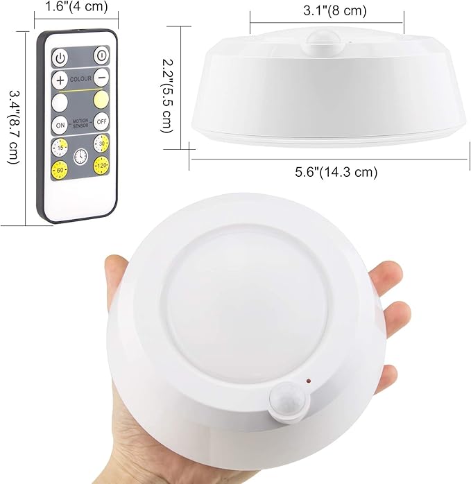 BIGMONAT Wireless Ceiling Light with Remote and Timer, Dimmable Motion Sensor Shower Light, Battery Operated LED Overhead Lighting for Bathroom Closet Hallway Pantry Laundry Stairs, 300LMs, 5.6In