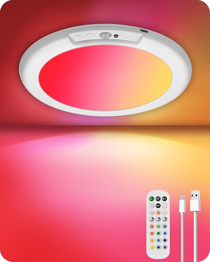 Motion Sensor Rechargeable Shower Light for Inside Shower with Remote, RGBW Battery Operated Ceiling Light, Wireless, Color-Changing Ambient Light, Warm-to-Cool Whites, Dimmable, Timer, Magnetic