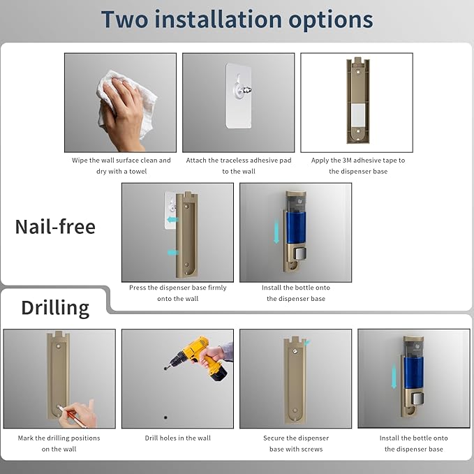 Manual Soap Dispenser Wall Mount, 6.76oz/200ml Liquid Soap Dispenser for Kitchen, No Drill Bathroom Shampoo and Conditioner Dispenser, Refillable Hand Sanitizer Dispenser for Home & Office (Gold)