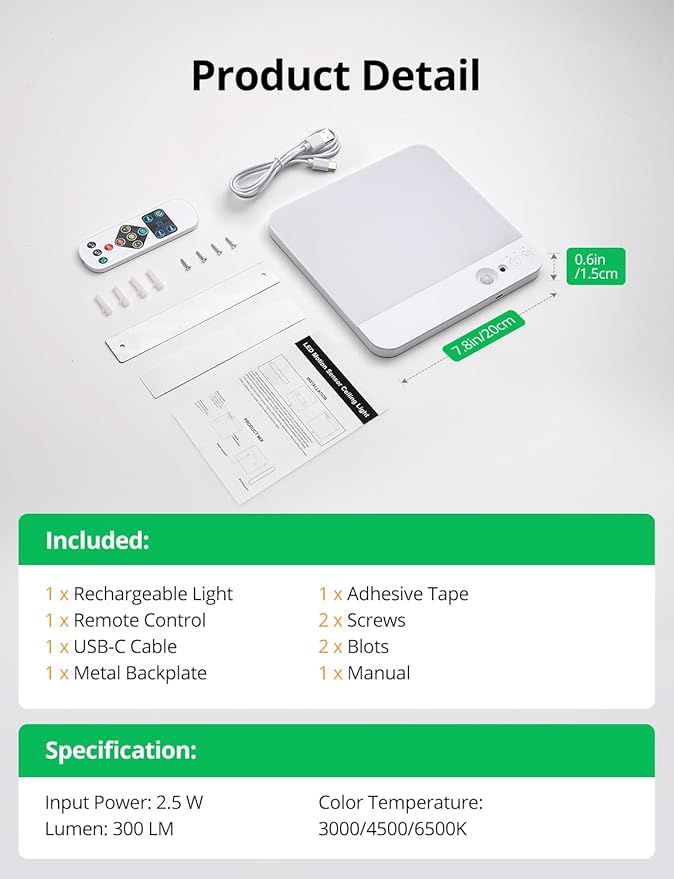 Bojim Rechargeable Remote Control Battery Operated Motion Sensor Ceiling Light Indoor, Brightness Dimmable 3 Colors No Wiring Magnetic Overhead Shower Lighting for Closet Bedroom Pantry Garage