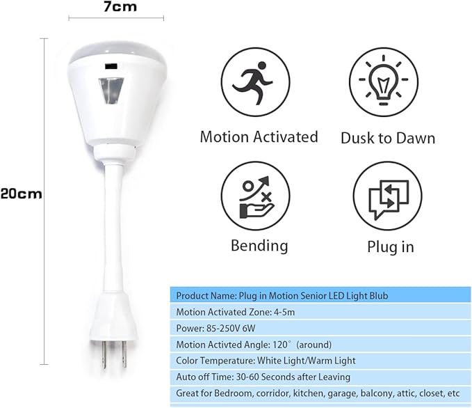Plug in Motion Sensor Night Light, LED Infrared Sensor Light 6W Light AC 85-265V PIR Infrared Sensor Motion Detector Light Bulb Lamp (White Light, US Plug)