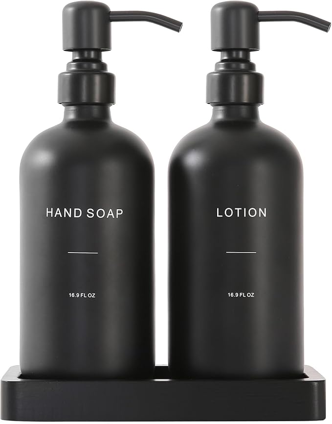 Prus Waso Black Soap Dispenser Bathroom Set, Soap and Lotion Dispenser Set with Stainless Steel Pump, Perfect for Bathroom Decor. (Black)