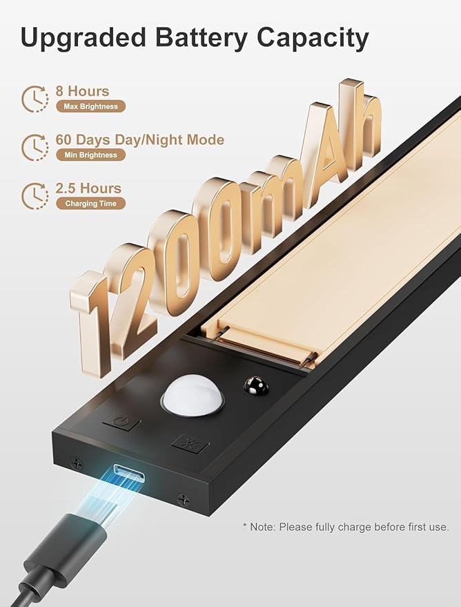 8inch Under Cabinet Lighting, 2 Pack Rechargeable Motion Sensor Light Indoor, 1200mah Under Cabinet Lighting,7 Levels Dimmable Magnetic Closet Lights, Under Counter Lights for Kitchen