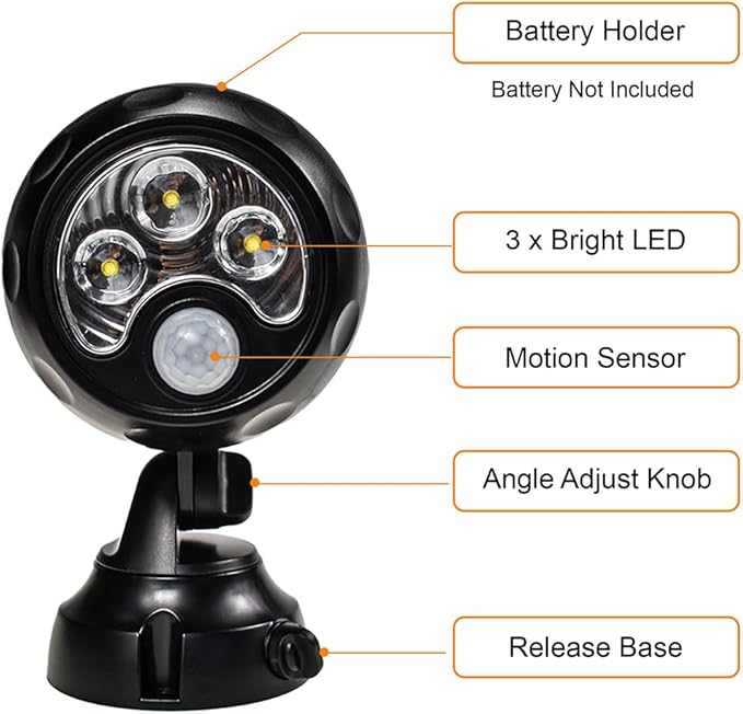 YCB2050 Battery Operated Motion Lights Outdoor, LED Motion Spotlight 5000K Daylight White, IP65 Waterproof, Wireless Security Light Uses 4 D-Cell Batteries (Not Included), Black